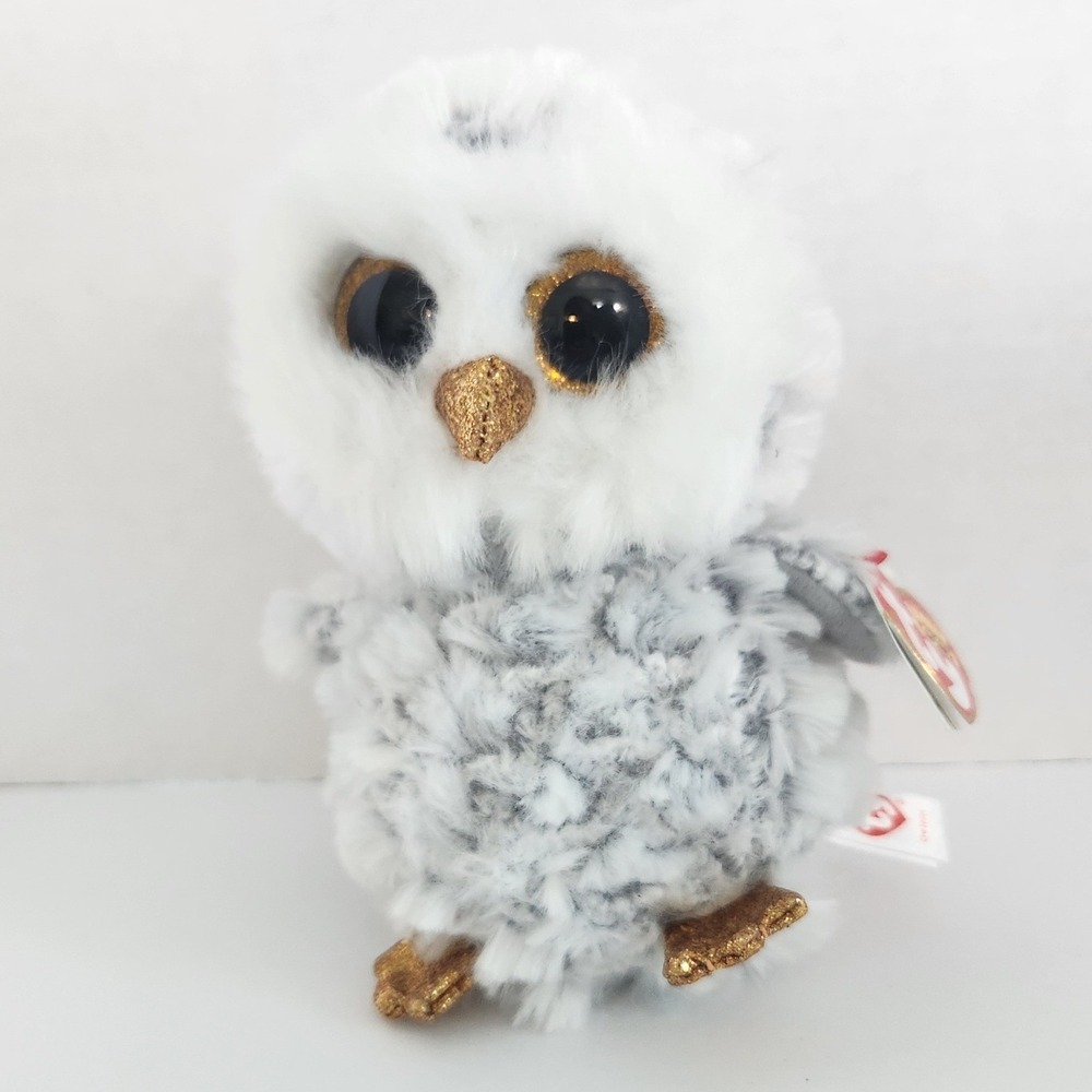 Ty Beanie Boos Owlette White Owl Plush Grey Gold Glitter Eyes Small 6 Inch